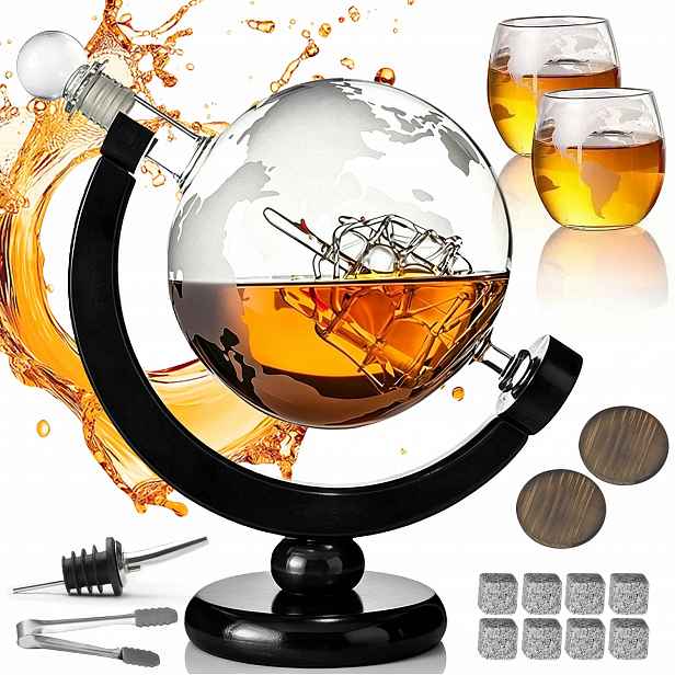Sada Na Whisky Karafa Globus 900 ML 2 Sklenice Granitové Kostky Dárek