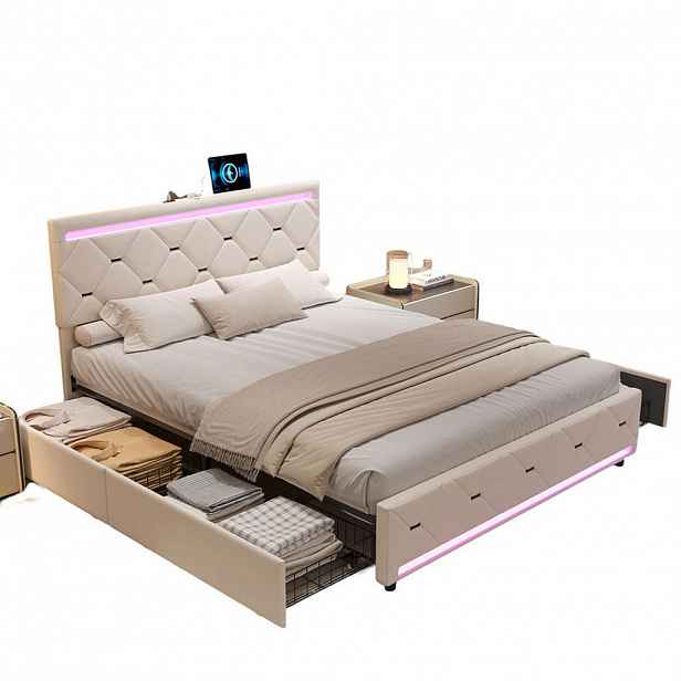 SHOPENTRA ČALOUNĚNÁ postel 140x200 cm béžová sametová LED USB 4 zásuvky