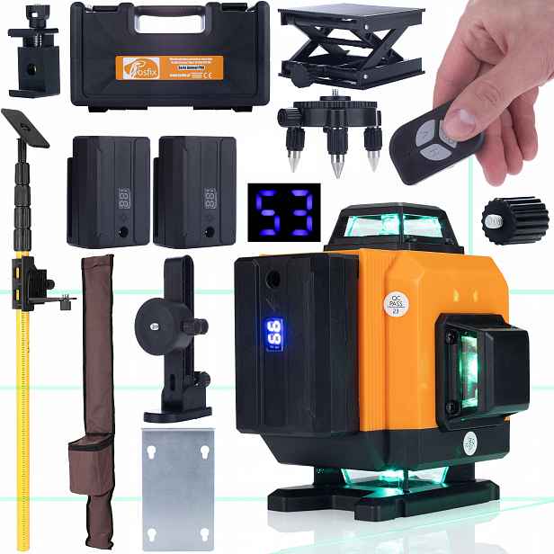 Sada Laserová Křížová Vodováha 360 Tyč Rosfix Oranžová Rukojeť Kufr 2AKU