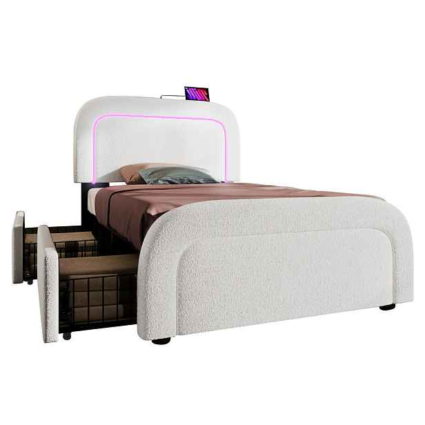 STILVORA ČALOUNĚNÁ POSTEL 90 × 200 cm, bílý umělý sherpa potah, 2 zásuvky, LED, USB a Type-C