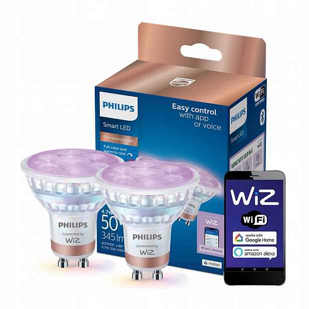 2x Led žárovka GU10 4,7W 50W 2200-6500K Rgb 36° Smart WiFi Philips WiZ