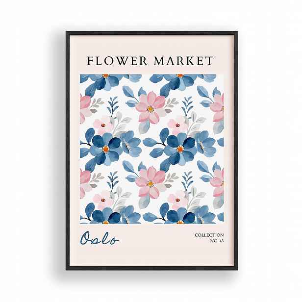 Obraz Modré a Růžové Květy Plakát Rámeček Dřevěný Černý 30x42 cm