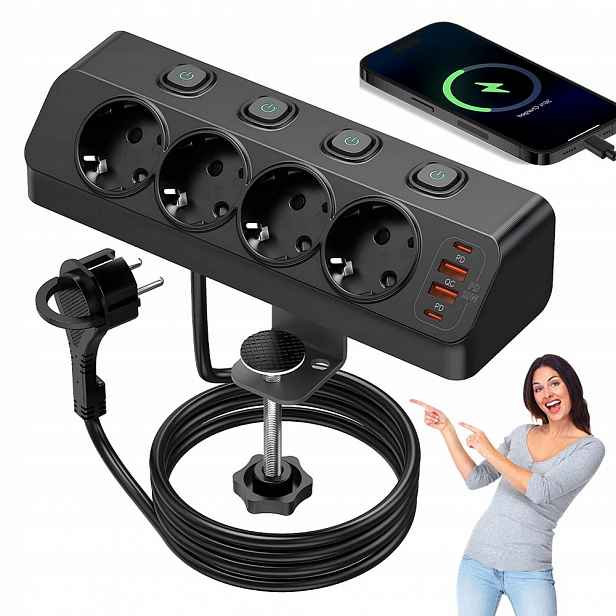 Prodlužovací Kabel Zásuvková Lišta 2M 4 Zásuvky 4 x Usb S Vypínači Černá