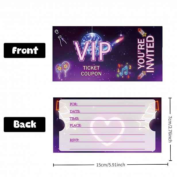 TEMU [Pozvánky na párty] 10 ks, trendy cool VIP pozvánky na párty s , fialovo-černý neonový styl s disco koulem a hudebními prvky, narozeninová