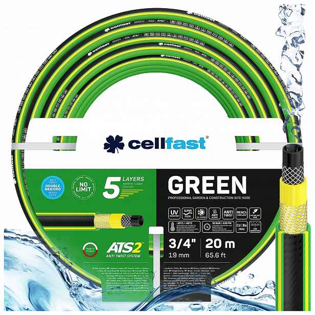 Zahradní Hadice 3/4" 20m Zesílená Cellfast 5-VRSTEV Flexibilní Odolná Green ATS2