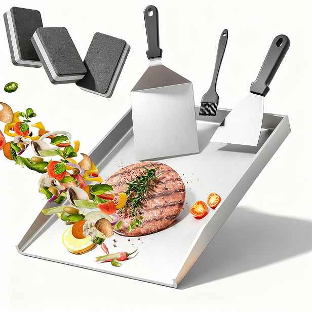 TEMU Devesanter BBQ pánev, plynová BBQ pánev se sadou BBQ obracek, nerezová ocel 304 odolná proti korozi 4 mm, 40 x 30 cm, vhodná pro krby, grilovací