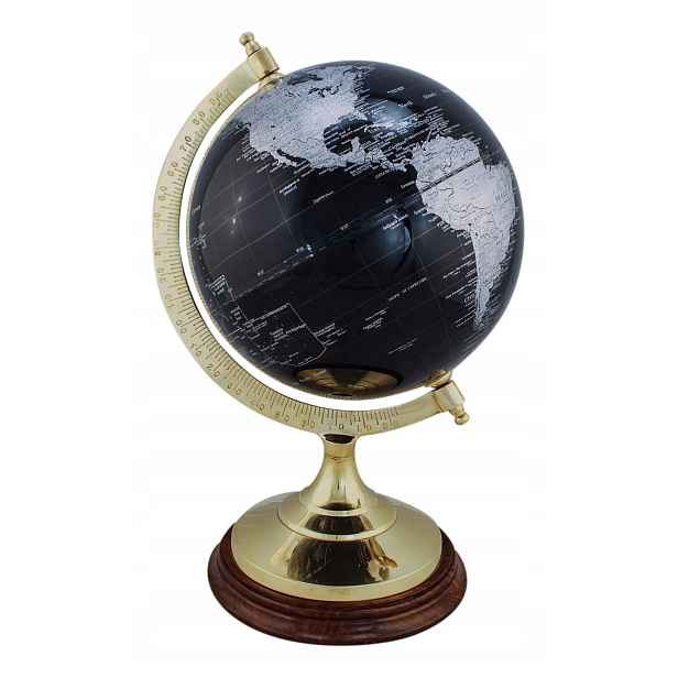 Globus, černý, s podstavcem z mosazi/dřeva, V: 34cm, Ø: 20/16,5cm
