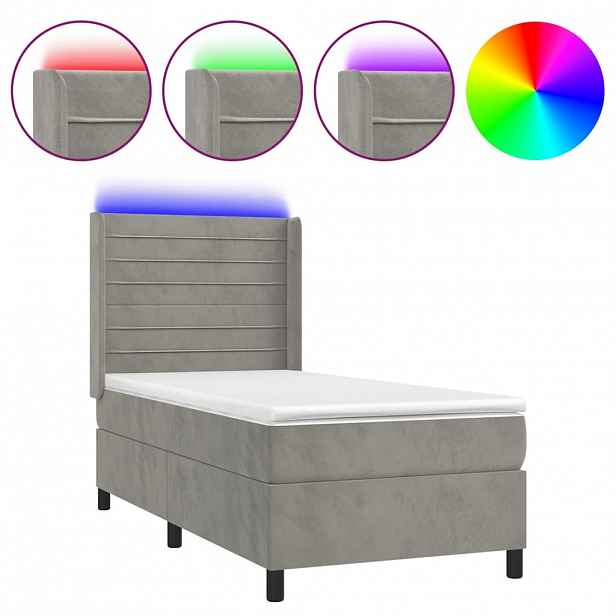 vidaXL Box spring postel s matrací a LED světle šedá 100x200 cm samet