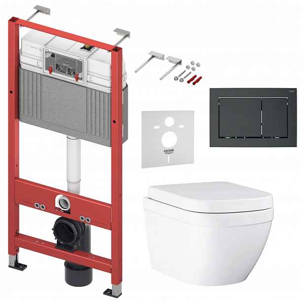 7v1 Sada Wc, Stelaz Tece, Wc Mísa Grohe Euro Ceramic Tlačítko Černá Matná