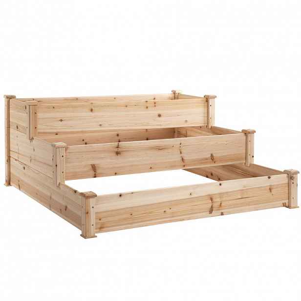Modfu VYVÝŠENÝ záhon ze dřeva 124x124x56 cm přírodní tříúrovňový s otevřeným dnem pro bylinky, zeleninu a květiny