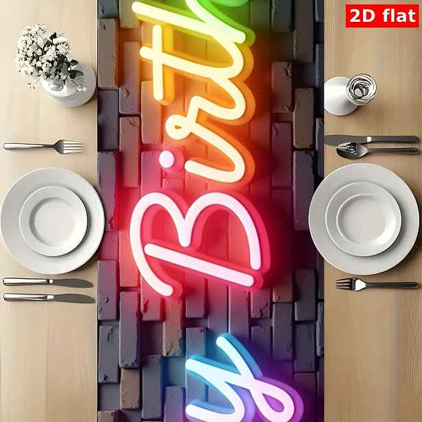 TEMU Běhoun na stůl 1 ks, Neonové světlo Všechno nejlepší k narozeninám, Vhodné pro dekoraci kuchyně a jídelny, Perfektní pro domácí večírky a