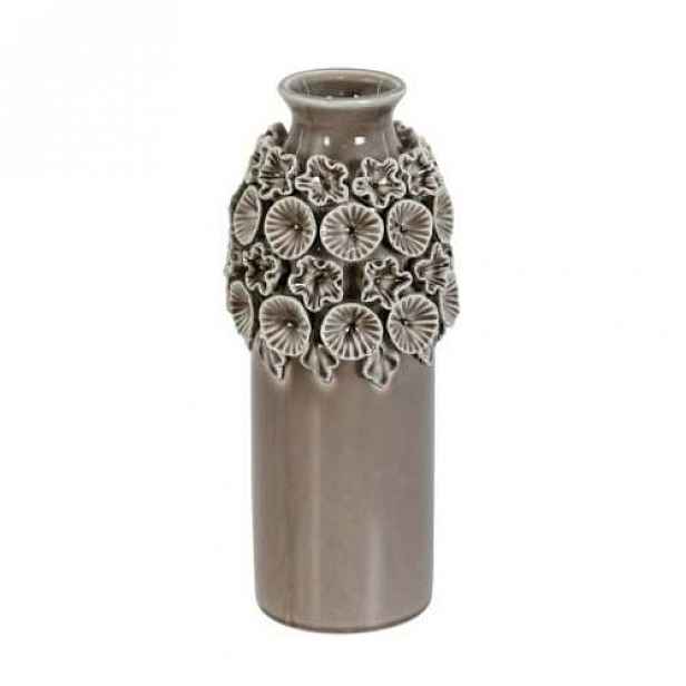 Váza válec úzké hrdlo dekor květy a listy keramika hnědošedá 28cm