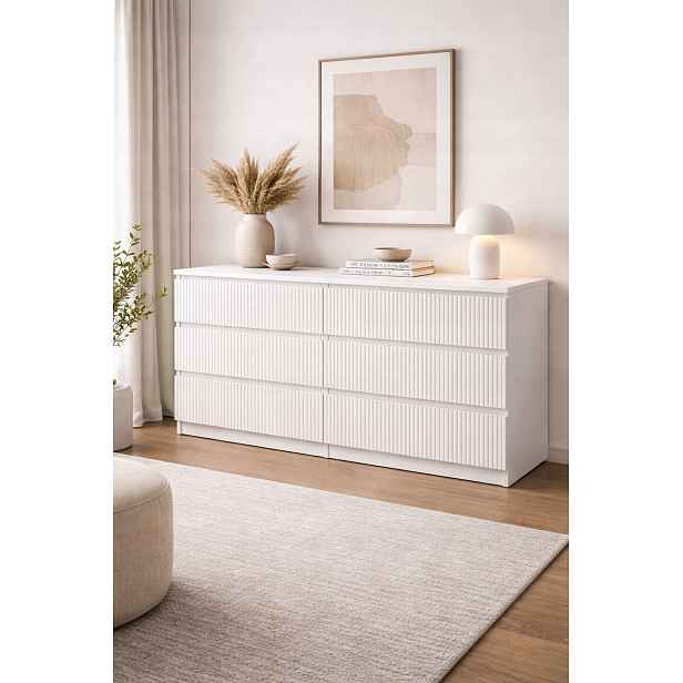 Komoda Rýhovaná s zásuvkami Bílá 120 cm 6 zásuvek do ložnice obývacího pokoje 18 mm