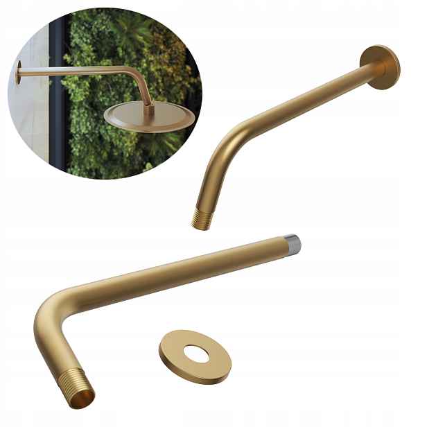 Kulaté rameno dešťové sprchy brush gold, nástěnná sprchová trubka, držák