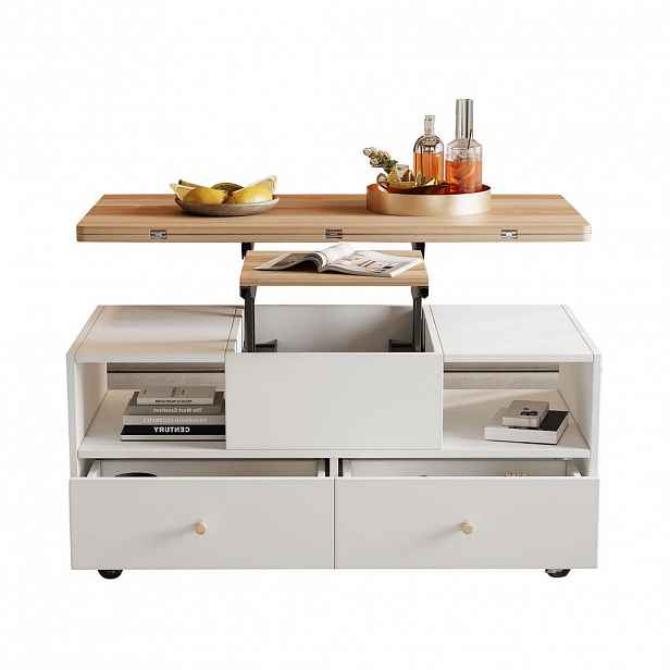 OKWISH KONFERENČNÍ stolek 100/50/47,5 cm bílá a přírodní z MDF s výklopnou a výškově nastavitelnou deskou