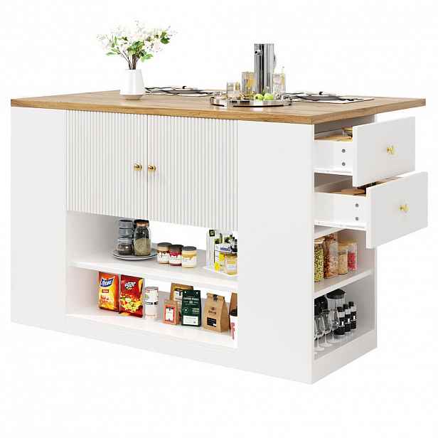 Redom KUCHYŇSKÝ ostrůvek 140/40/90 cm s výklopnou deskou, úložným prostorem, zásuvkami a policemi, Bílá