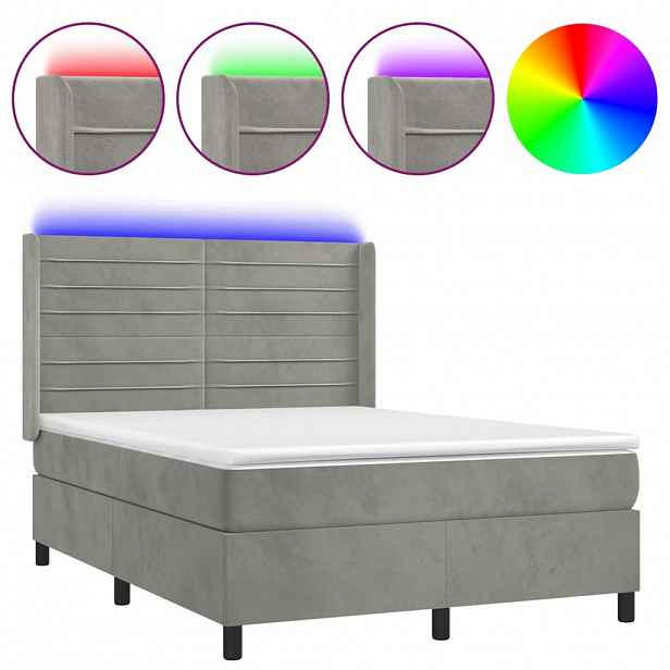 vidaXL Box spring postel s matrací a LED světle šedá 140x190 cm samet