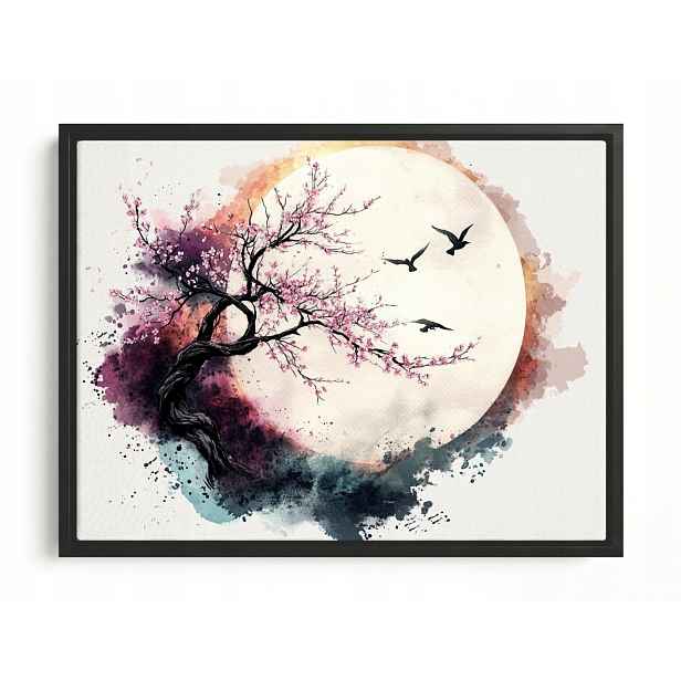Obraz Rám Americký Box Grafika Měsíc Ptáci Višeň Sakura Japandi 80x60