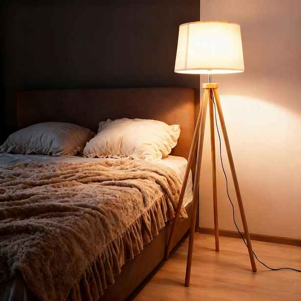Stojací podlahová lampa Trojnožka Dřevěná Abažurová tkanina Salon E27 Cclife