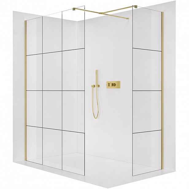Sprchová zástěna Walk-in Onyx T L/P - 8 mm - hranatá vzpěra - zlatá, industriální sklo - 120x90x200 cm