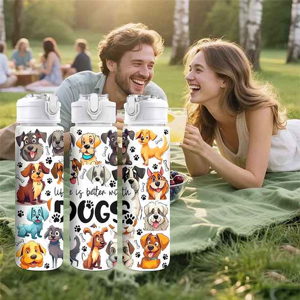 TEMU 1ks Sportovní plastová láhev na vodu s potiskem roztomilého kresleného psa po celém povrchu, 750ml/26oz, roztomilý potisk, nepropustná s