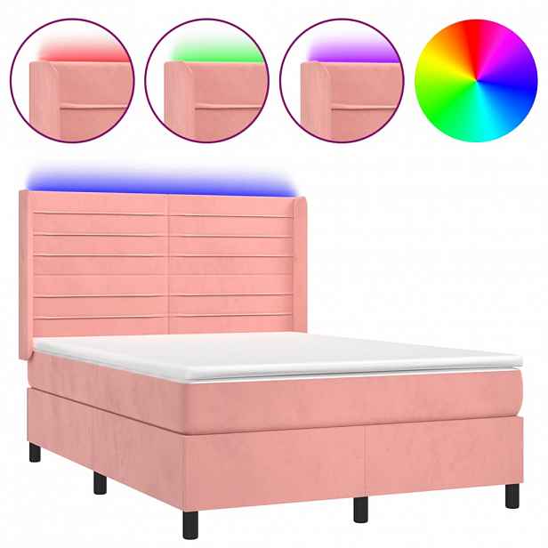 vidaXL Box spring postel s matrací a LED růžová 140x190 cm samet