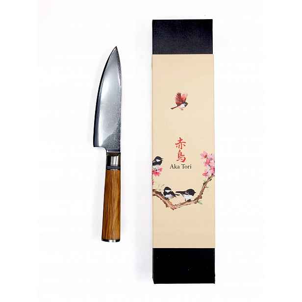Japonský Nůž šéfkuchaře Aka Tori Ocel Damašková Kyoto Olive Dřevo 15 cm