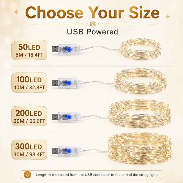 TEMU 1 ks, Majisu USB pohádková světla, 300/200/100/50 LED, 8 režimů, dekorativní vnitřní řetězová světla pro okna ložnice, letní řetězová světla,