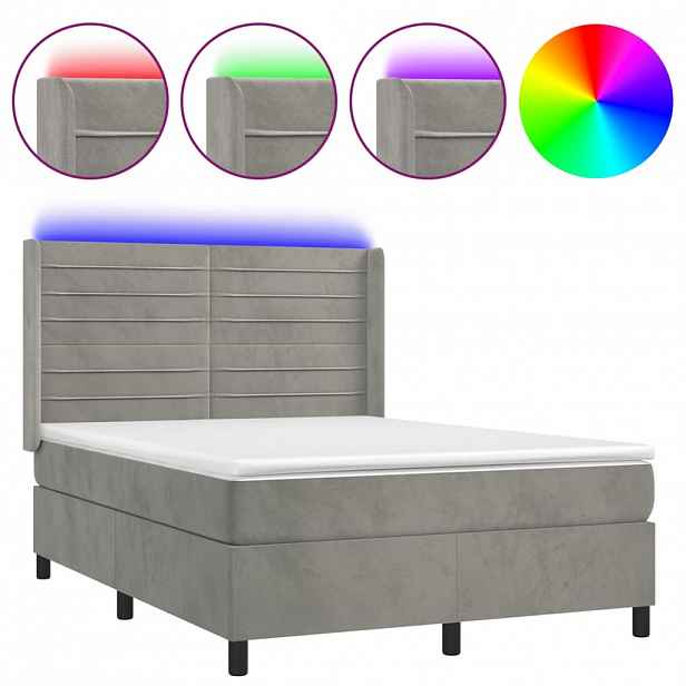 vidaXL Box spring postel s matrací a LED světle šedá 140x200 cm samet