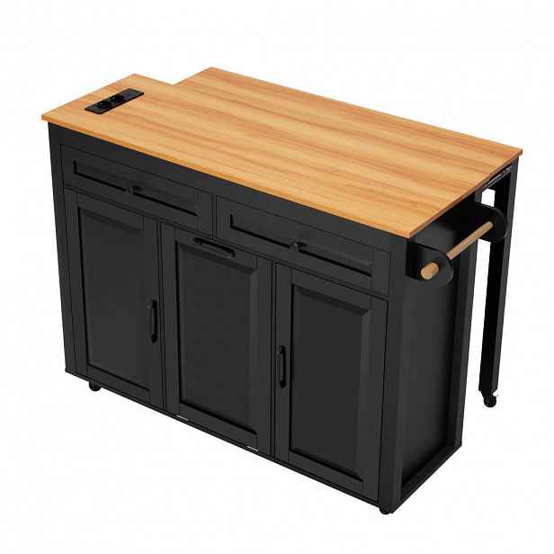 Modfu KUCHYŇSKÝ ostrůvek z MDF 120x75x92 cm černý s výsuvnou deskou, zásuvkami, USB a USB-C, prostorem na odpad