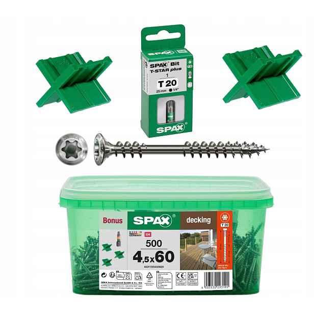 Vruty do dřeva Spax 4,5 x 60 mm 500 ks Bonus bit Distanční křížek