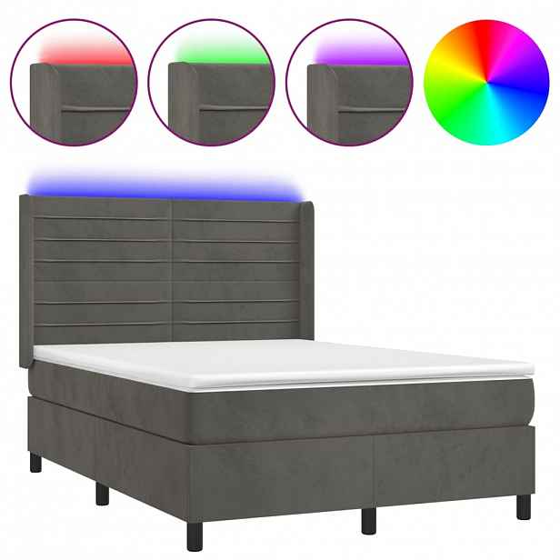 vidaXL Box spring postel s matrací a LED tmavě šedá 140x200 cm samet