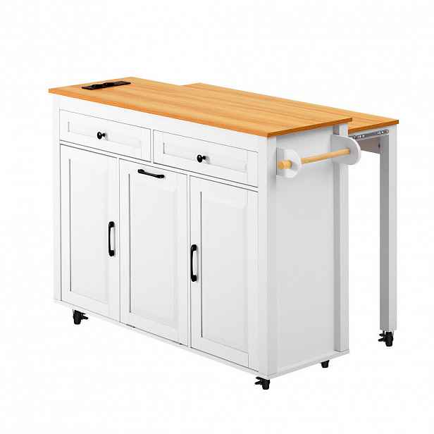 Modfu KUCHYŇSKÝ ostrůvek z MDF 120x40-75x92 cm bílý s výsuvnou deskou, zásuvkami, USB-C a prostorem na odpad