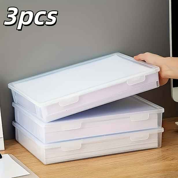 TEMU 3 ks A4 Velké Průhledné Plastové Úložné Boxy s Odklápěcím Krytem, Velkokapacitní Stohovatelné Stolní Organizéry, Prostorově Úsporné Úložné Boxy