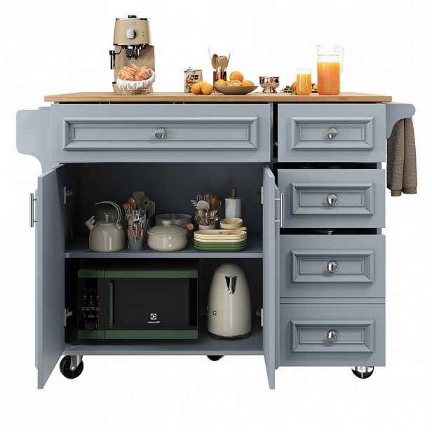 Redom KUCHYŇSKÝ ostrůvek 110/75/92 cm s výsuvnou a sklápěcí pracovní deskou, úložným prostorem a zásuvkami, Baby Blue