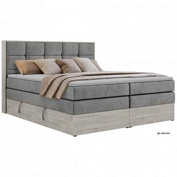 MKS POSTEL BOXSPRING ALNOR KING 200/200 - Světle šedá Samet - Topper Visco - H4