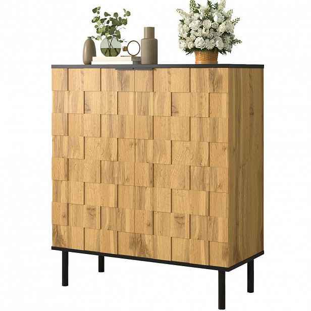 Modfu BOTNÍK z dřevotřísky 80x35x91,5 cm přírodní se 2 dvířky, nastavitelnými policemi a mozaikovým designem