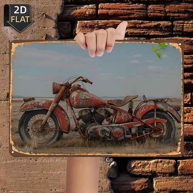 TEMU 2D Plochý, 2D Plochý 1 ks, Zvetralý červený motocykl v pouštní krajině, kovová plechová cedule, velikost (8"x12"/20cm*30cm), dekorativní