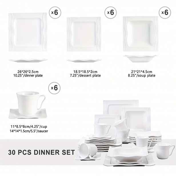 TEMU 30dílná sada jídelního nádobí z bílé porcelány: šálky, podnosky, dezertní talíře, polévkové talíře, servírování pro 6 osob