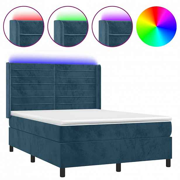 vidaXL Box spring postel s matrací a LED tmavě modrá 140x200 cm samet