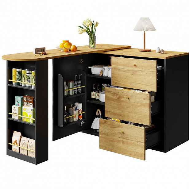 Modfu BAROVÝ stůl z MDF 138-204x39x104 cm černý otočný o 360° a výsuvný s úložným prostorem a 3 zásuvkami