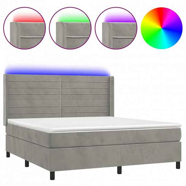 vidaXL Box spring postel s matrací a LED světle šedá 160x200 cm samet