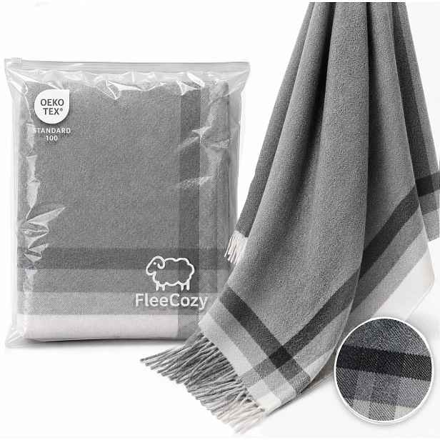 Merino deka 140x200 šedý gradient s efektem stínování s třásněmi