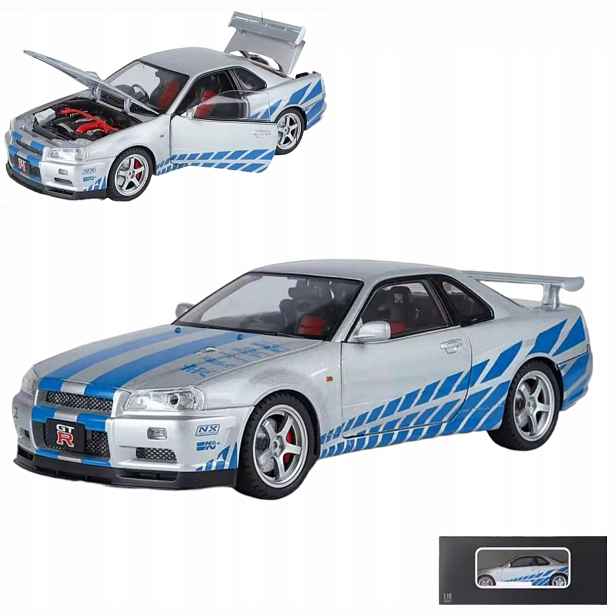 Model Auta: balení Nissan Skyline Gtr R34 Měřítko 1:18 Sběratelský