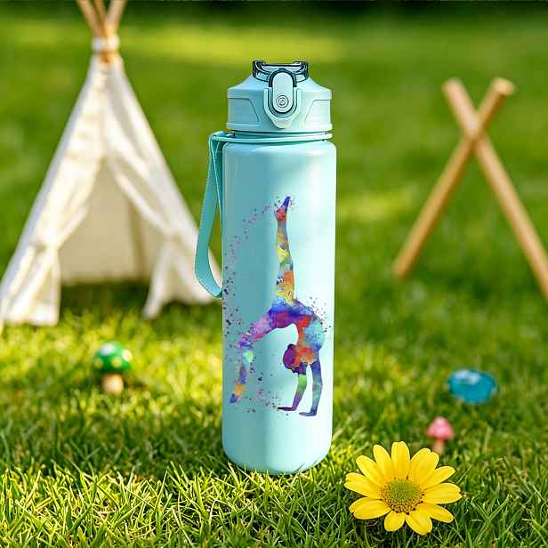 TEMU 1ks Barevná sportovní plastová láhev na vodu s potiskem gymnastky, 750ml/26oz, devítibarevná, roztomilý potisk, nepropustná s vysouvacím víčkem,