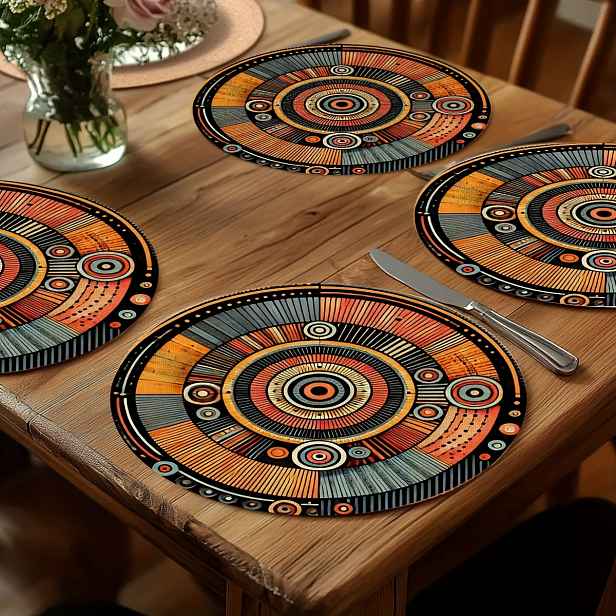 TEMU Sada 4 prkénkových ubrusů s africkým , oranžovými pruhy a kruhovým designem, ideální pro setkání v kuchyni, jarní atmosféru restaurace, domácí