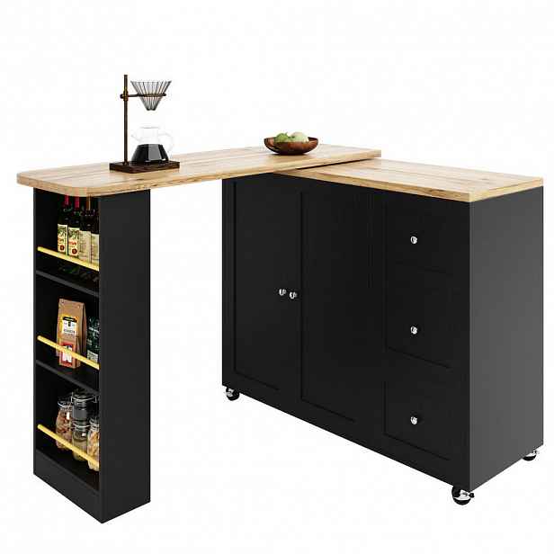Modfu BAROVÝ stůl z MDF 203x39x106 cm černý, otočný o 360° na kolečkách se 3 zásuvkami a držákem na občerstvení