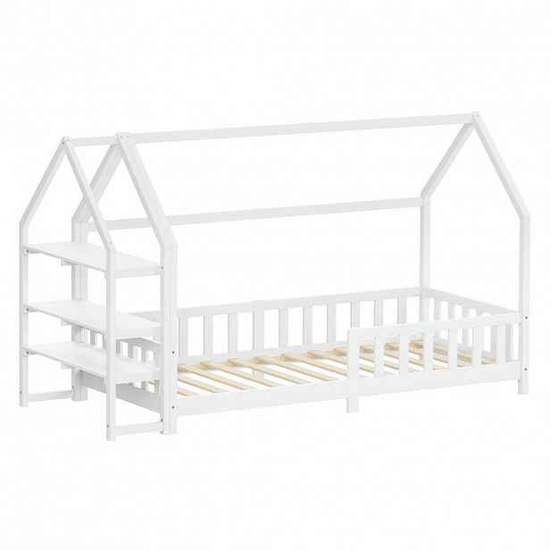 ML-DESIGN DĚTSKÁ POSTEL 90x200 cm s ochrannou zábranou proti vypadnutí a policí, bílá, z borového dřeva