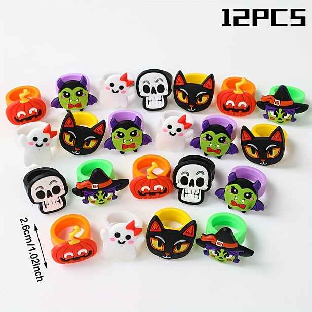TEMU Dárek pro Ni/Něj 12ks 12ks Netoxické Halloweenské Prsteny Vhodné pro Dýňové, Lebkové & Kočičí Kostýmní Dopňky - Odolné Dárky na Párty, Dekorace