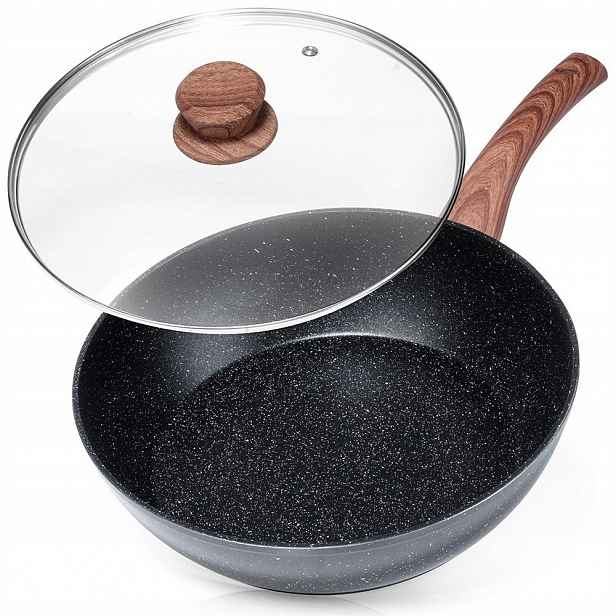 Granitová Pánev 28 CM 3,5 L Se Skleněnou Poklicí, Černá A Dřevo Indukční